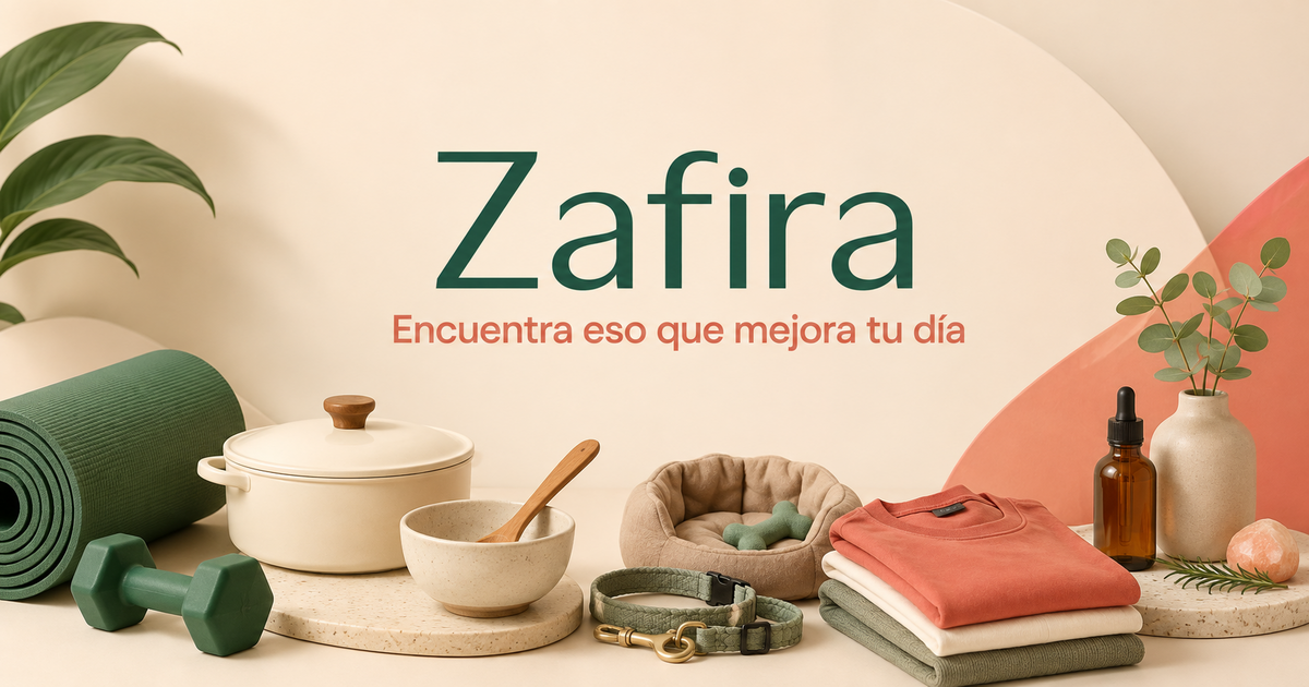 Selección de productos para fitness, cocina, mascotas, ropa y bienestar de Zafira